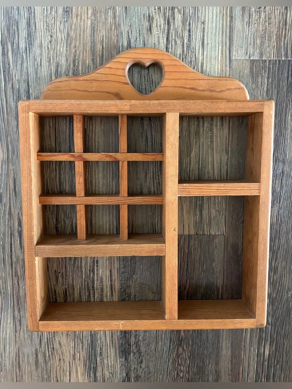 Heart Cutout Divided Trinket Display Wood Wall Shelf Country Farm Cottage 90s